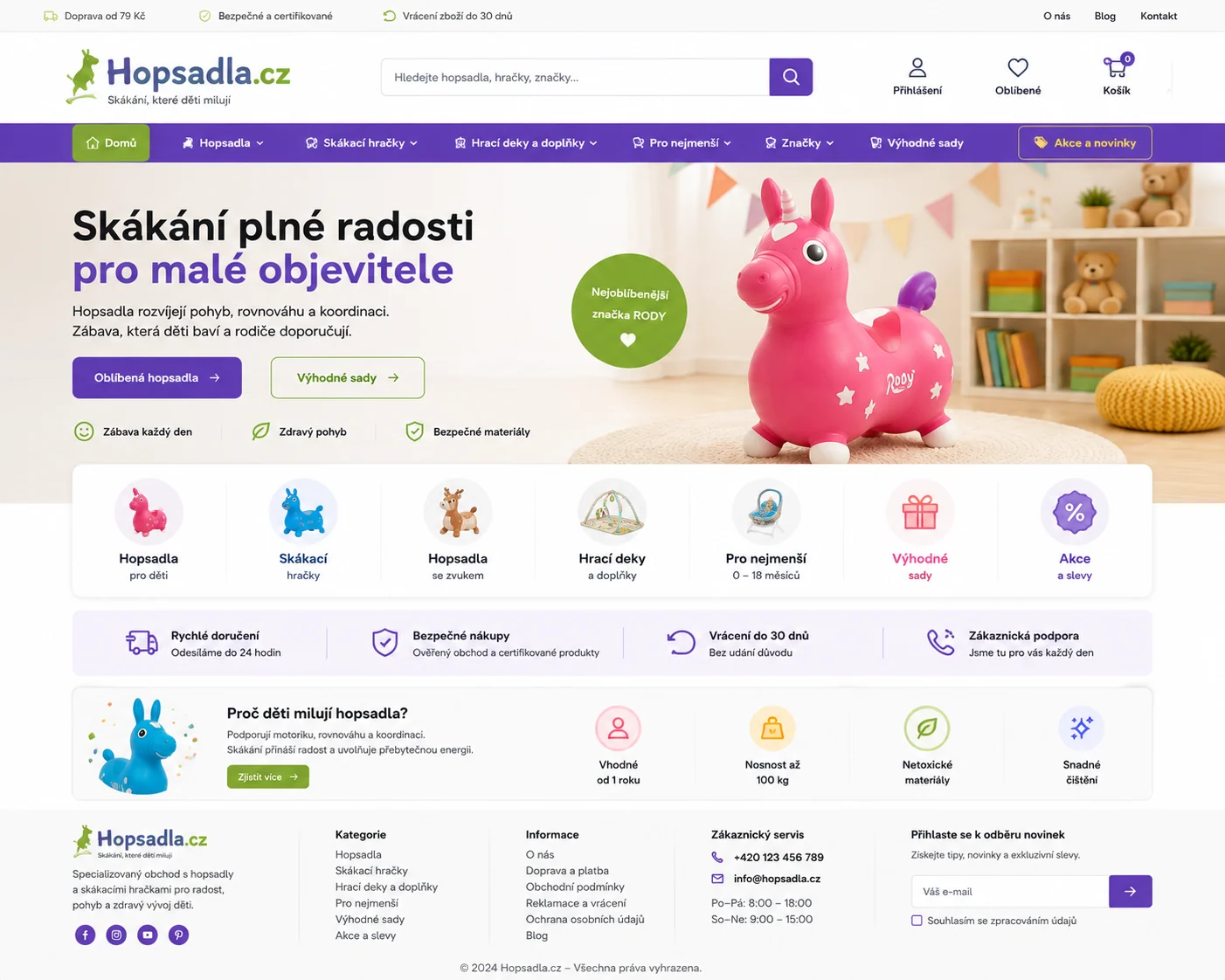 Ilustrační návrh Hopsadla.cz s růžovým hopsadlem a fialovo-zelenými prvky